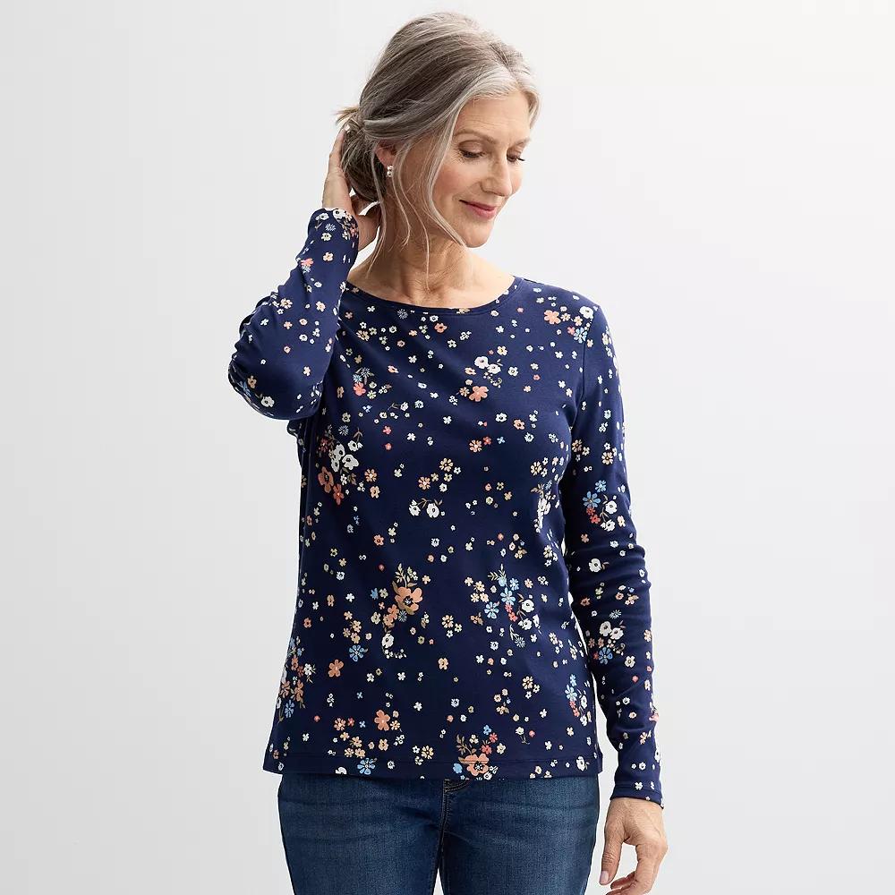 Petite Croft & Barrow® Crewneck Long-Sleeve Tee, Women's, Size: Medium Petite, Red Pink Tiny Blooms Product Image