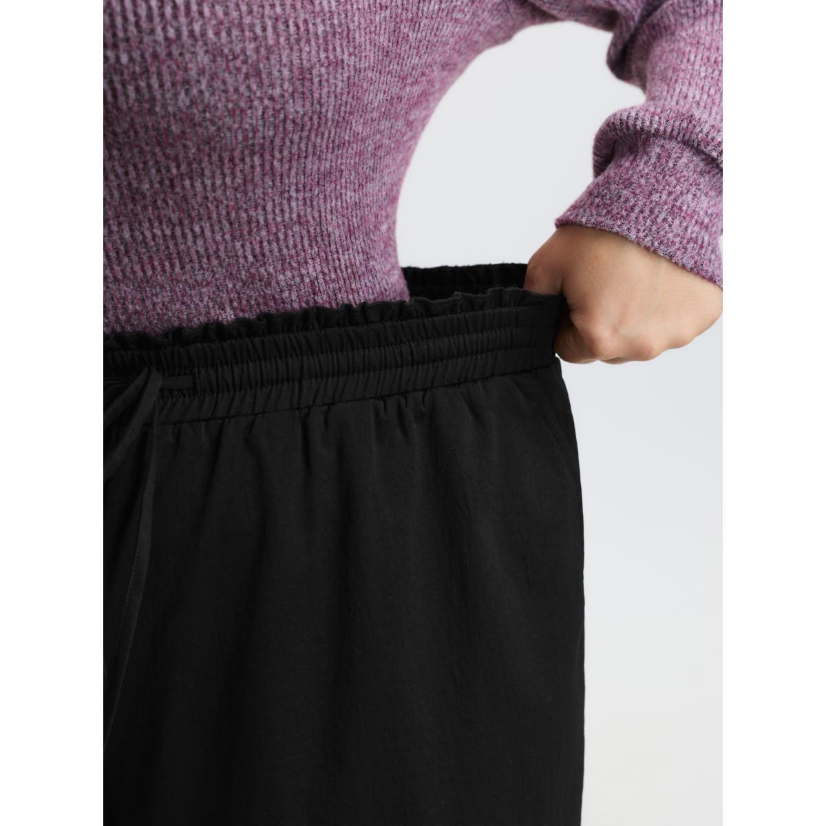 Plus Size Ruffled Waist Drawstring Tapered Pants Women Black Leisure Mid Rise Casual Pants BloomChic 22-24/3X Product Image