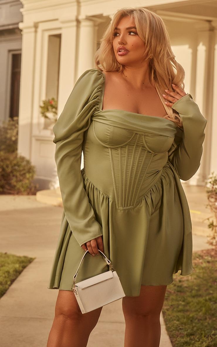 Plus Sage Green Satin Corset Detail Puffball Shift Dress Product Image
