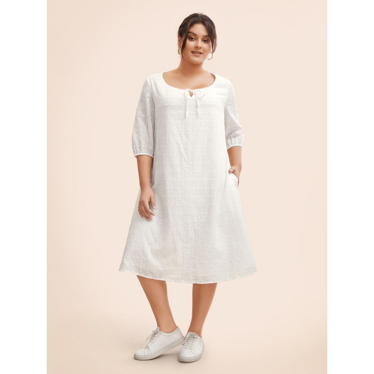 Plus Size Solid Broderie Anglaise Tie Knot Dress Originalwhite Women Casual Tie knot Round Neck Elbow-length sleeve Curvy BloomChic 10/M Product Image
