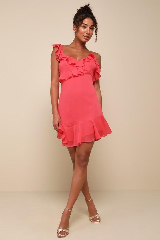 Captivating Always Coral Pink Ruffled Asymmetrical Mini Dress Product Image