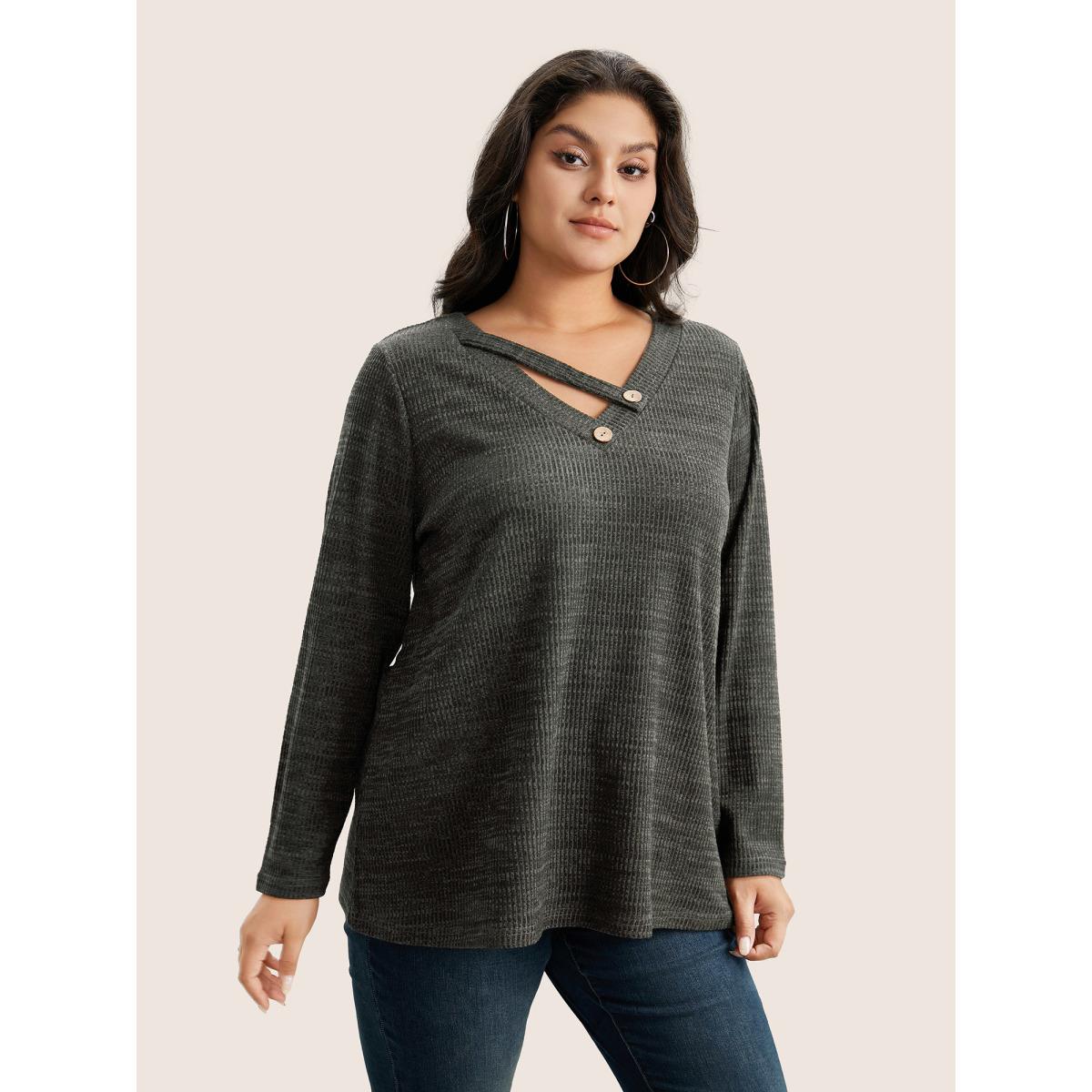 Plus Size Solid Rib Knit Button Detail T-shirt Gray Women Casual Non Plain V-neck Everyday T-shirts BloomChic 10/M Product Image