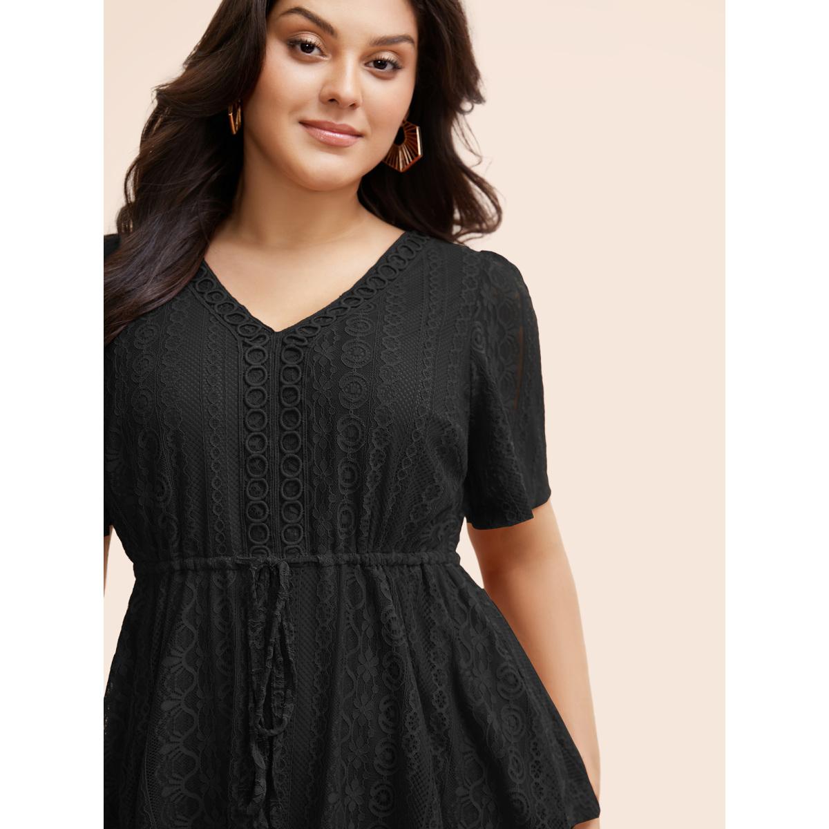 Plus Size DarkGreen V Neck Lace Panel Drawstring Blouse Women Romantic Short sleeve V-neck Elegant Blouses BloomChic 26/4X Product Image