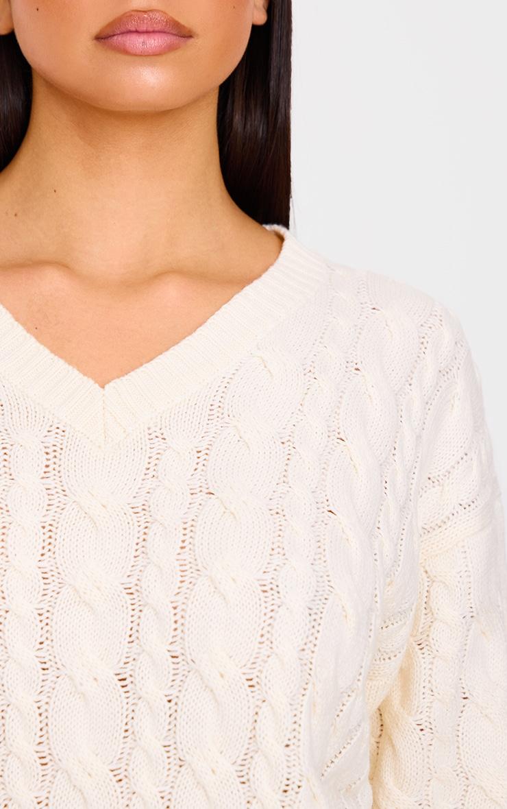 Cream Cable Knit Oversized V Neck Sweater Product Image
