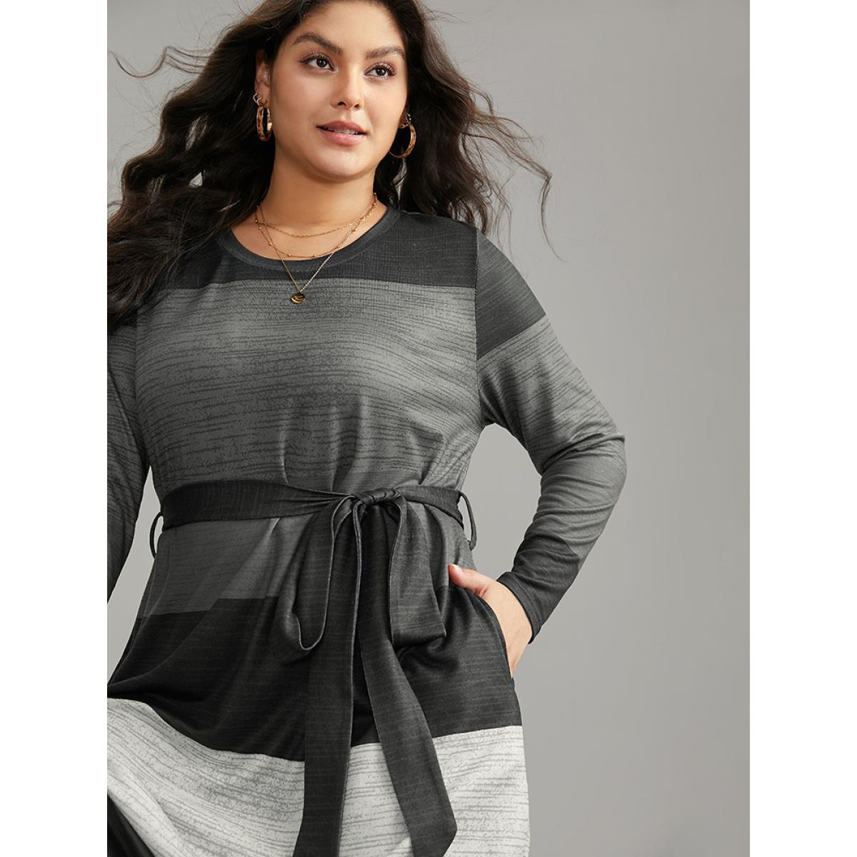 Plus Size Colorblock Contrast Heather Belted Dress Gray Women Casual Non Round Neck Long Sleeve Curvy Midi Dress BloomChic 28/5X Product Image