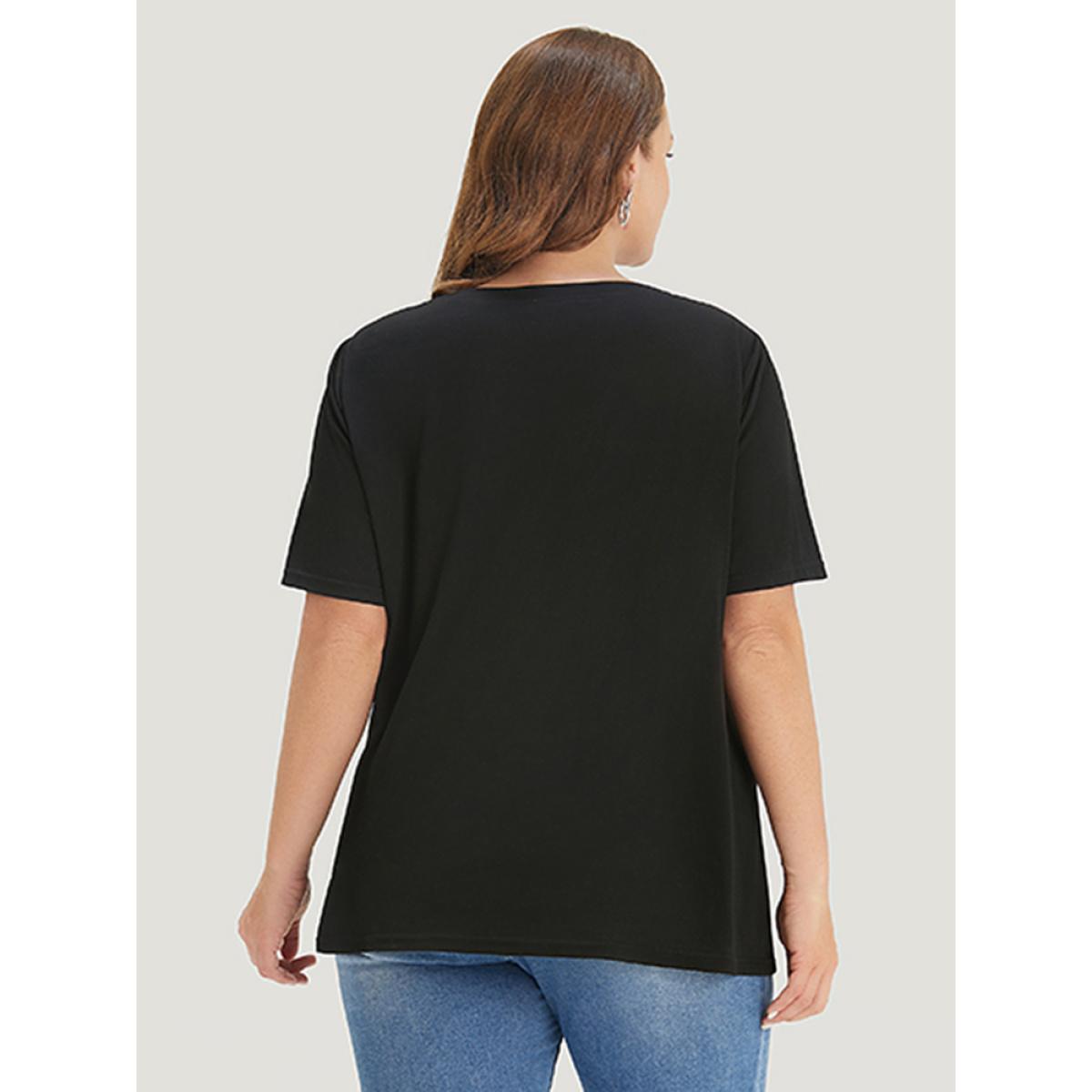 Plus Size Solid Round Neck Mesh Patchwork T-shirt Black Women Elegant See through Plain Round Neck Dailywear T-shirts BloomChic 30/6X Product Image