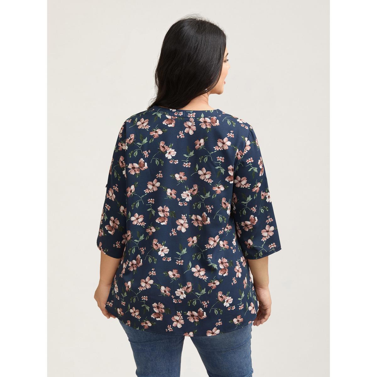 Plus Size Indigo Floral Print Tab Sleeve Pintuck Shirt Women Elegant Elbow-length sleeve Notched collar Everyday Blouses BloomChic 12/L Product Image