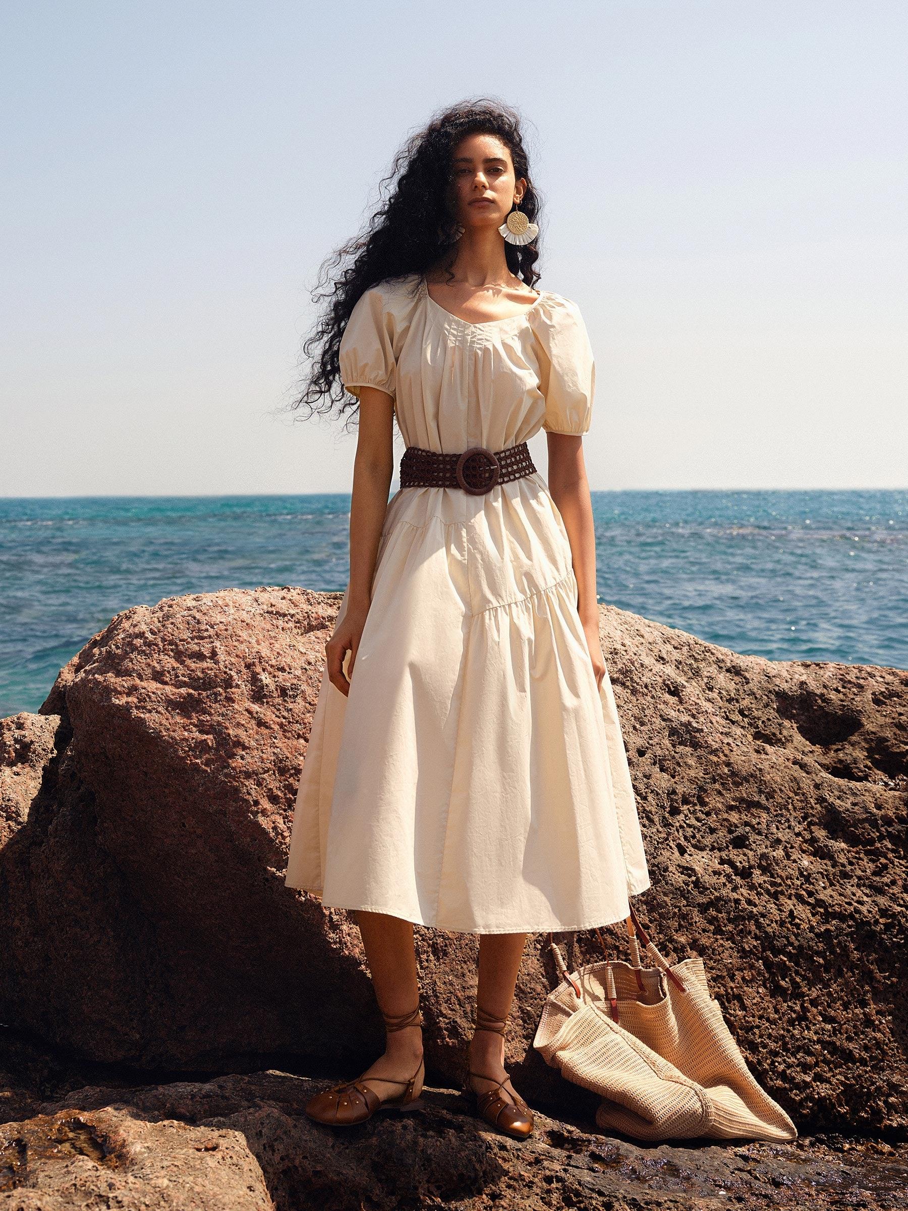 100% Cotton A-Line Women Maxi Dress With Two Tie Belts Product Image