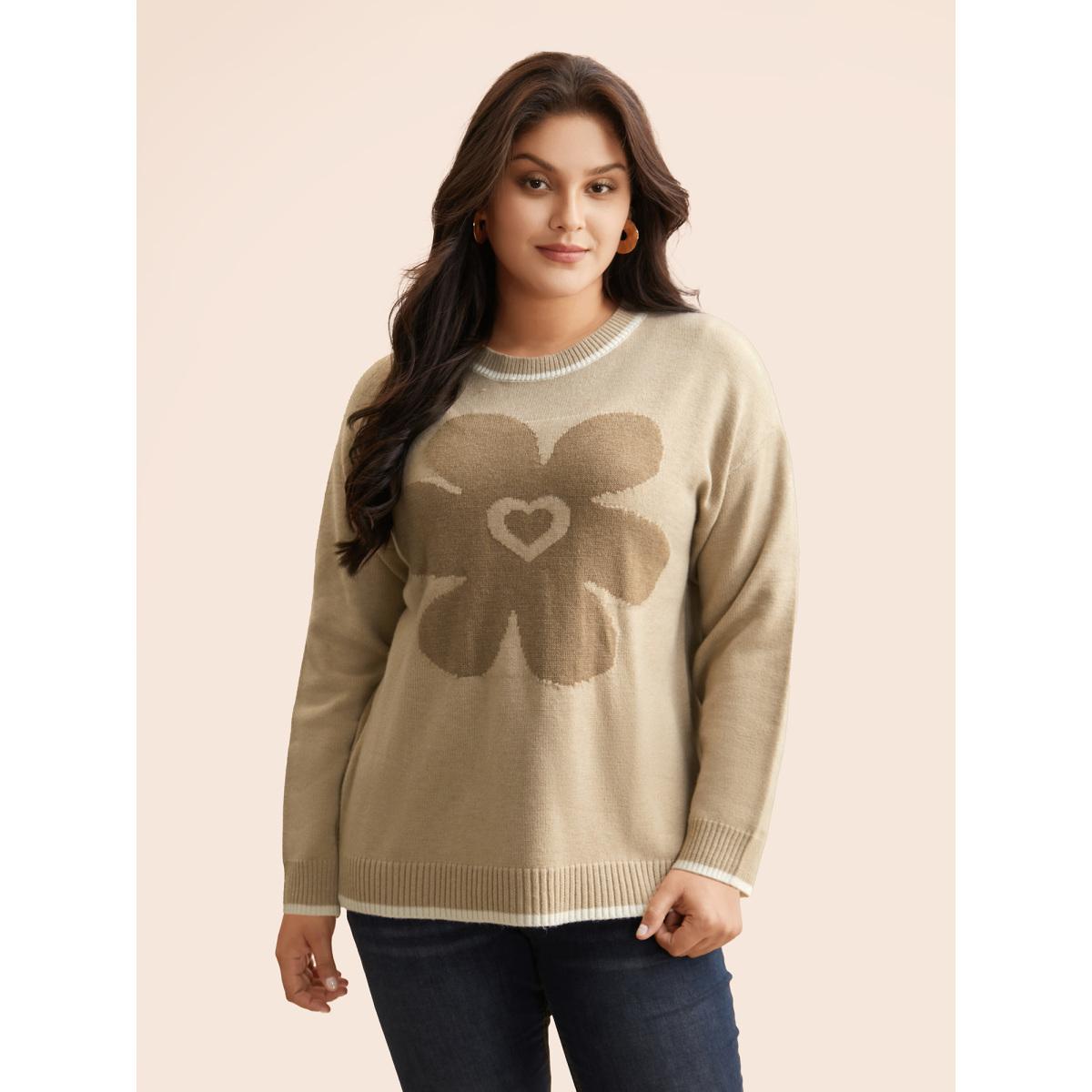 Plus Size Floral Jacquard Contrast Trim Slit Hem Pullover LightBrown Women Casual Long Sleeve Round Neck Everyday Pullovers BloomChic 18-20/2X Product Image