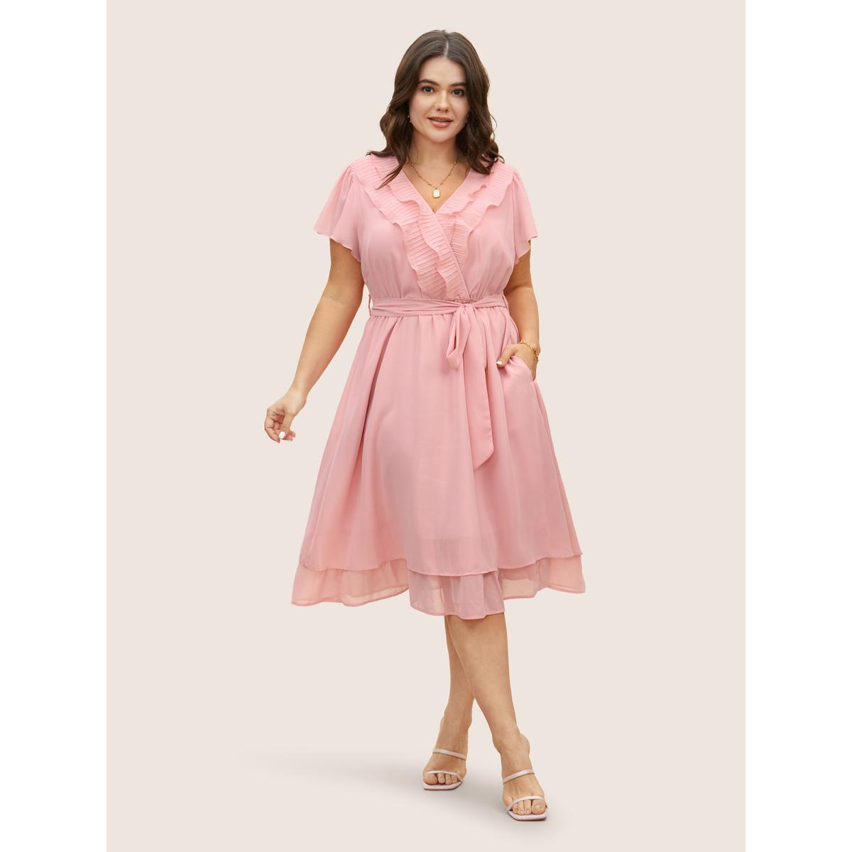 Plus Size Solid Wrap Textured Ruffle Trim Belted Dress Crepe Women Elegant Pleated V-neck Short sleeve Curvy BloomChic 22-24/3X Product Image