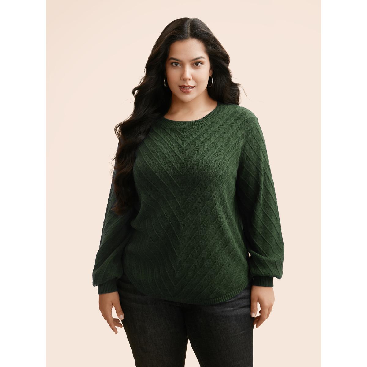 Plus Size Plain Textured Crew Neck Pullover DarkGreen Women Casual Loose Long Sleeve Boat Neck Everyday Pullovers BloomChic 28/5X Product Image