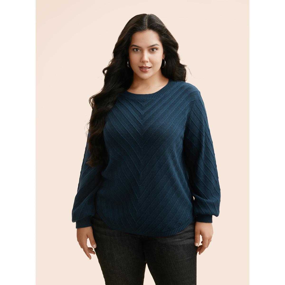 Plus Size Plain Textured Crew Neck Pullover DarkGreen Women Casual Loose Long Sleeve Boat Neck Everyday Pullovers BloomChic 28/5X Product Image