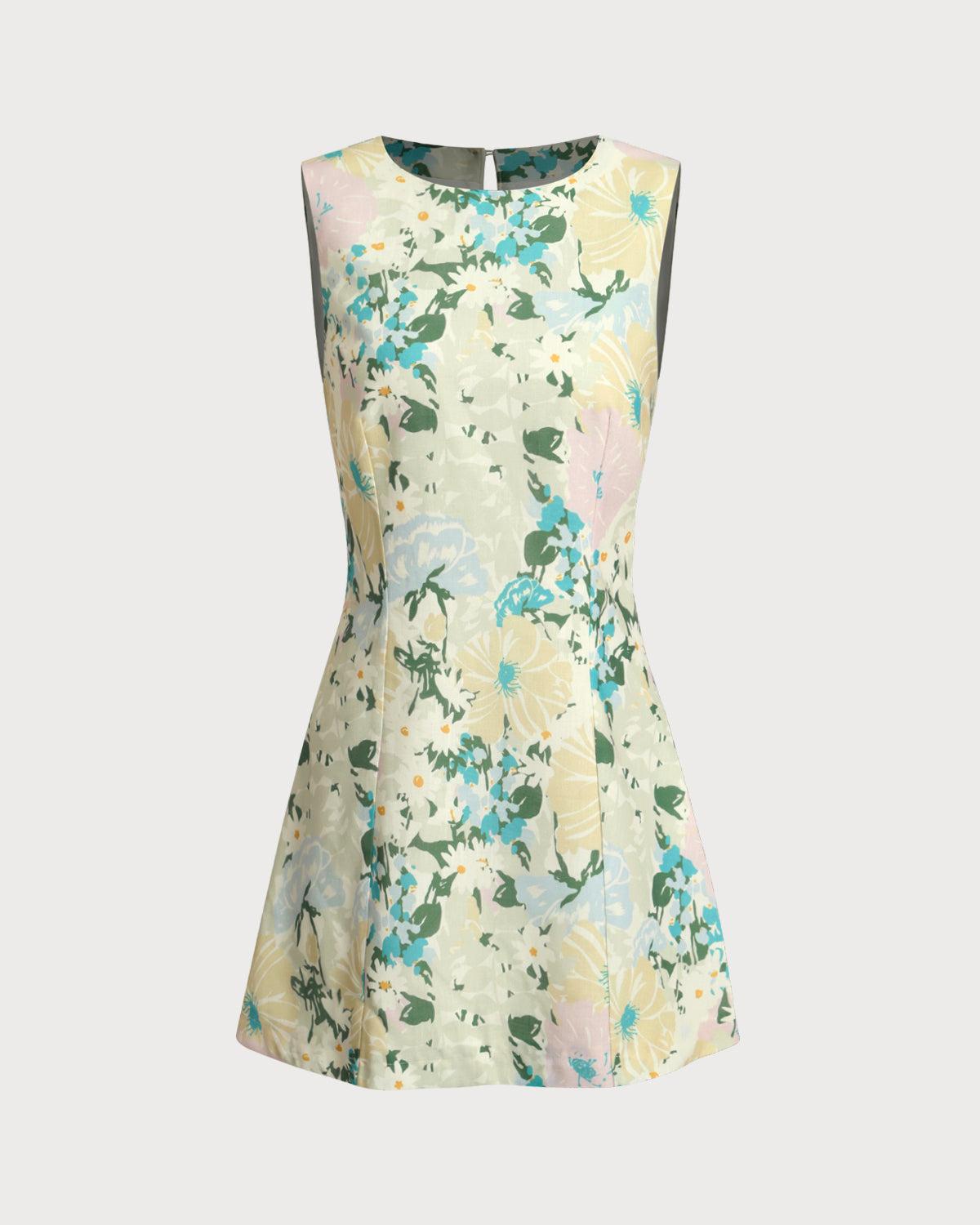 Green Floral Plant Sleeveless Mini Dress Product Image