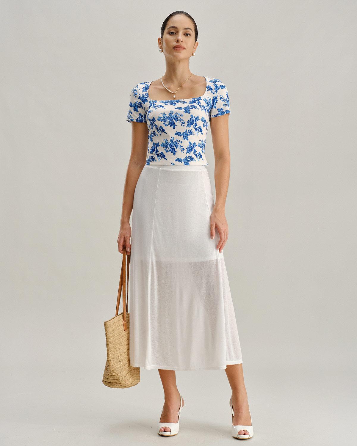 Blue Floral Short Sleeve T-Shirt Product Image