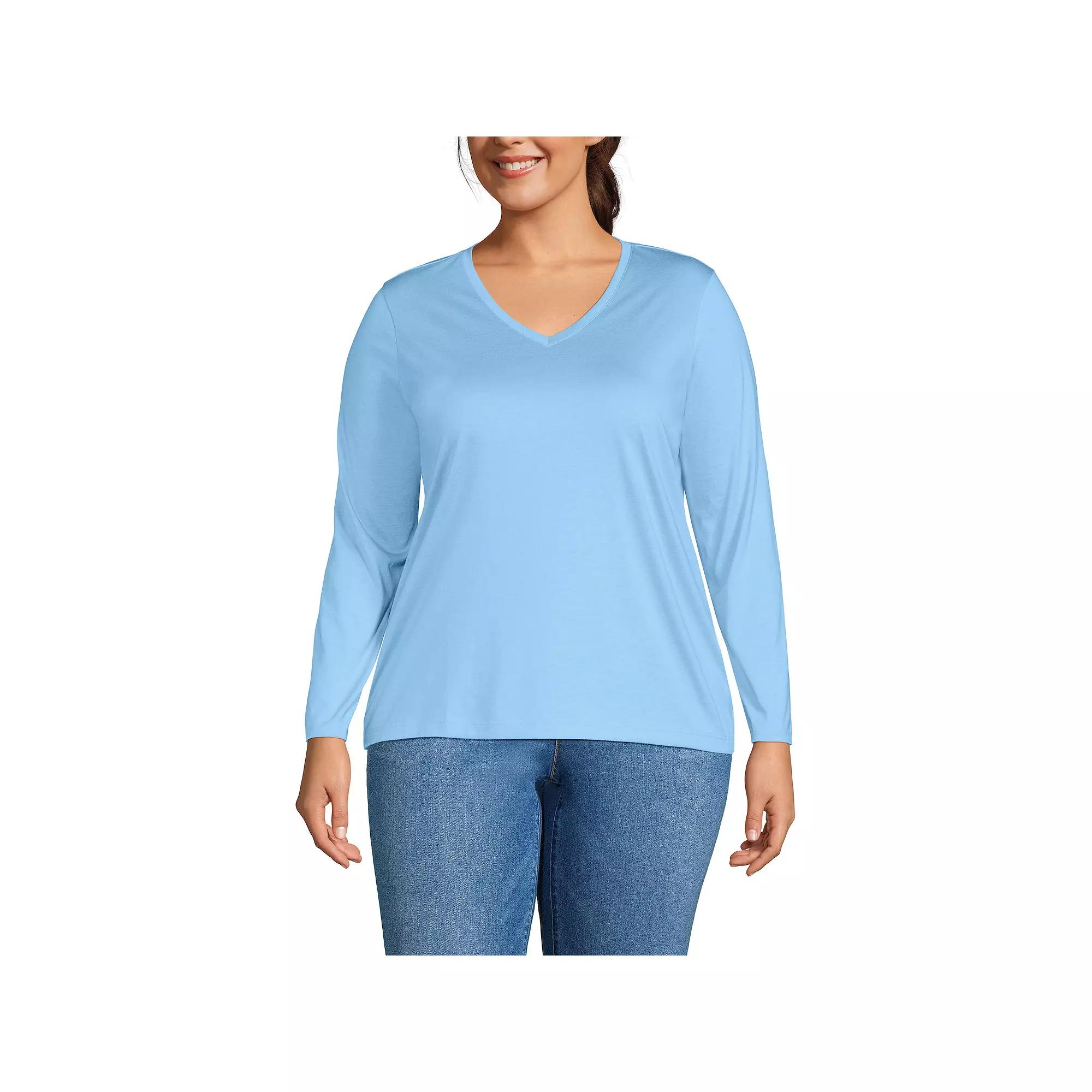 Plus Size Lands' End Long Sleeve Relaxed-Fit Supima Cotton V-Neck Tee, Women's, Size: 1XL, Bermuda Blue Product Image