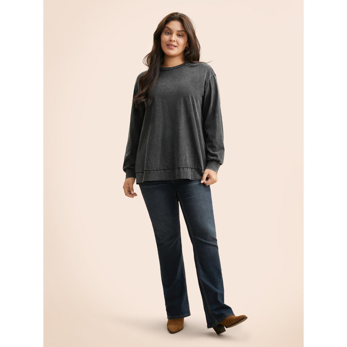 Plus Size Vintage Round Neck Slightly Stretchy Sweatshirt Women Black Casual Non Loose Round Neck Everyday Sweatshirts BloomChic 22-24/3X Product Image