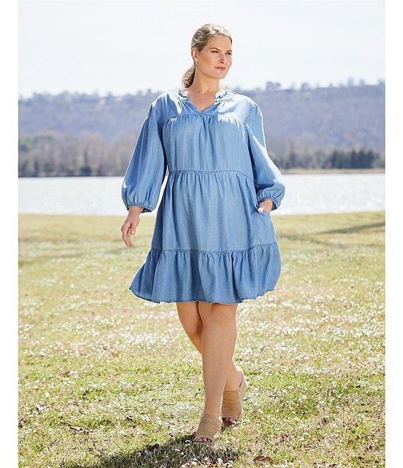 Nurture Plus Size 3/4 Sleeve V-Neck Ruffle Tiered A-Line Dress Product Image