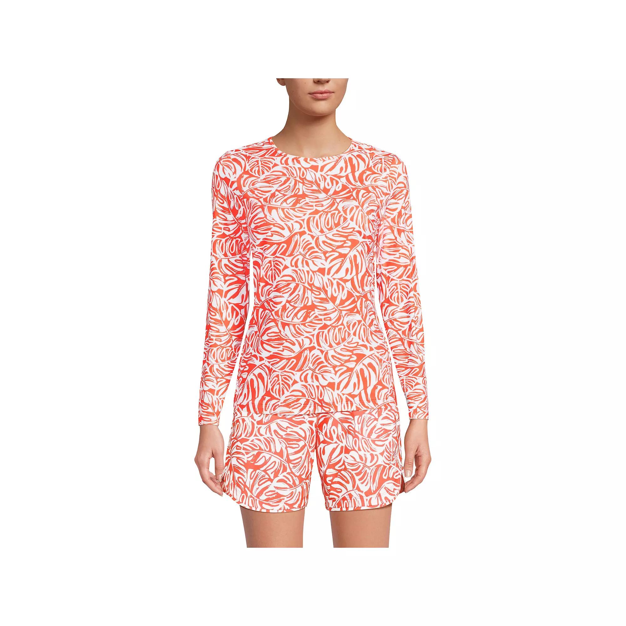 Women's Lands' End UPF 50 Long Sleeve Rash Guard, Size: Medium, Orange Tropic Leaves Product Image