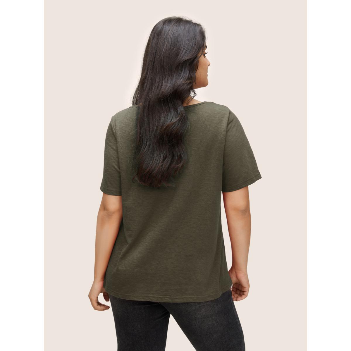 Plus Size Plain V Neck Lace Panel T-shirt ArmyGreen Women Elegant Non Plain V-neck Everyday T-shirts BloomChic 22-24/3X Product Image