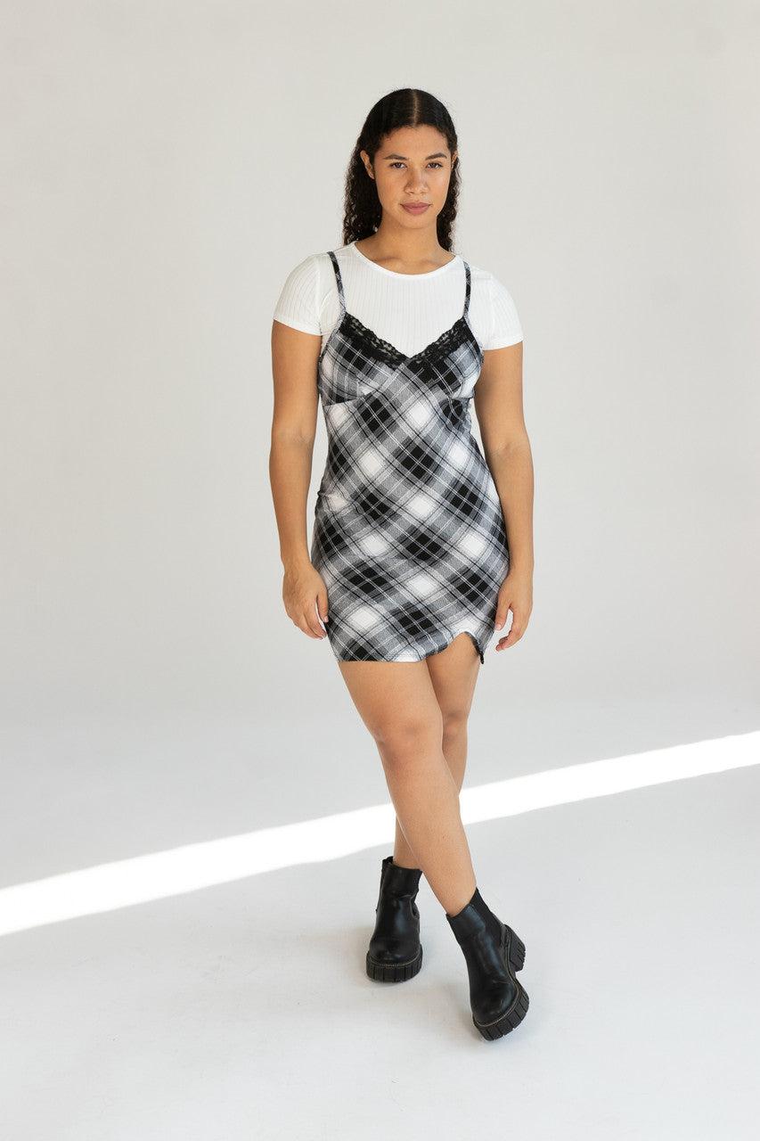 Plaid Cami Mini Dress With Tee Product Image