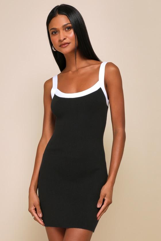 Effortless Influence Black Ribbed Color Block Mini Sweater Dress Product Image