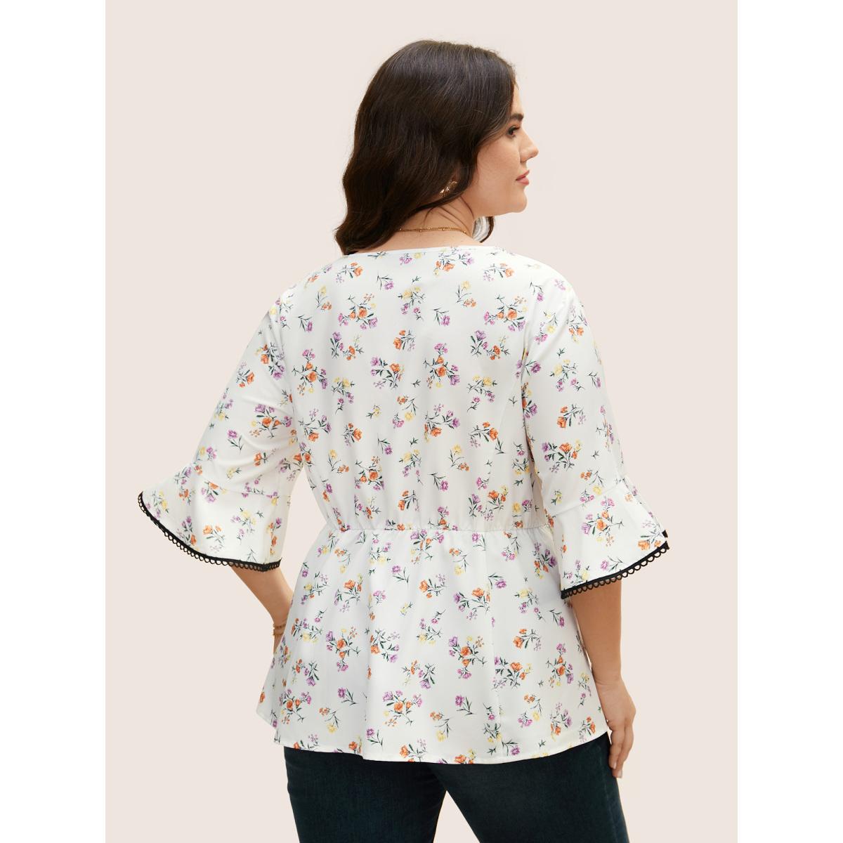 Plus Size Multicolor Floral Print Bowknot Bell Sleeve Blouse Women Elegant Half Sleeve V-neck Everyday Blouses BloomChic 10/M Product Image