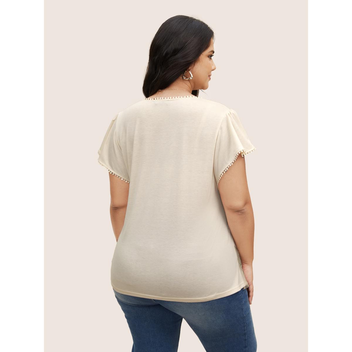 Plus Size Floral Mesh Embroidered Pompom Trim T-shirt Beige Women Elegant Contrast Natural Flowers V-neck Everyday T-shirts BloomChic 18-20/2X Product Image