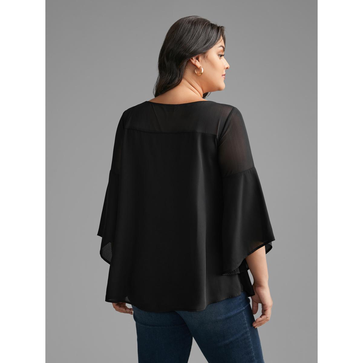 Plus Size Black Crew Neck Mesh Patchwork Bell Sleeve Blouse Women Elegant Elbow-length sleeve Round Neck Everyday Blouses BloomChic 14-16/1X Product Image