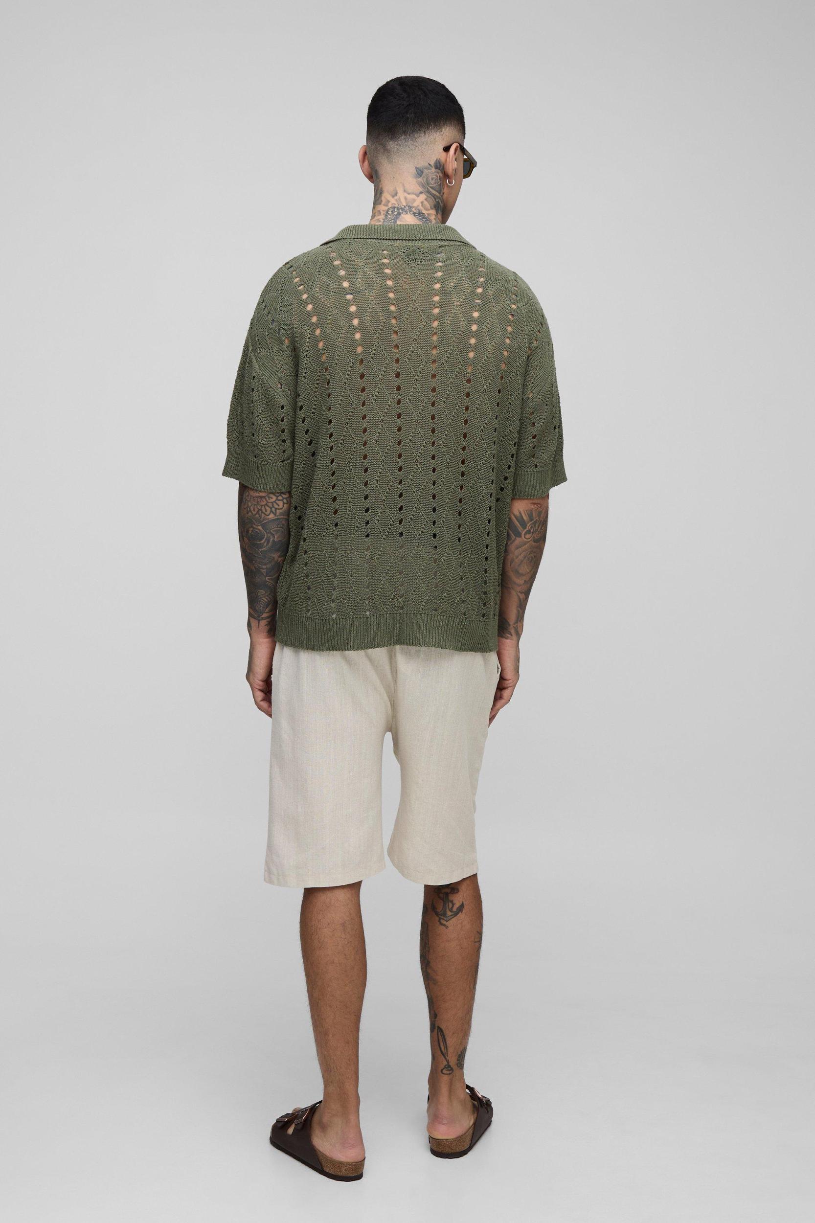 Tall Boxy Oversized Stripe Open Knit Polo | boohooMAN USA Product Image