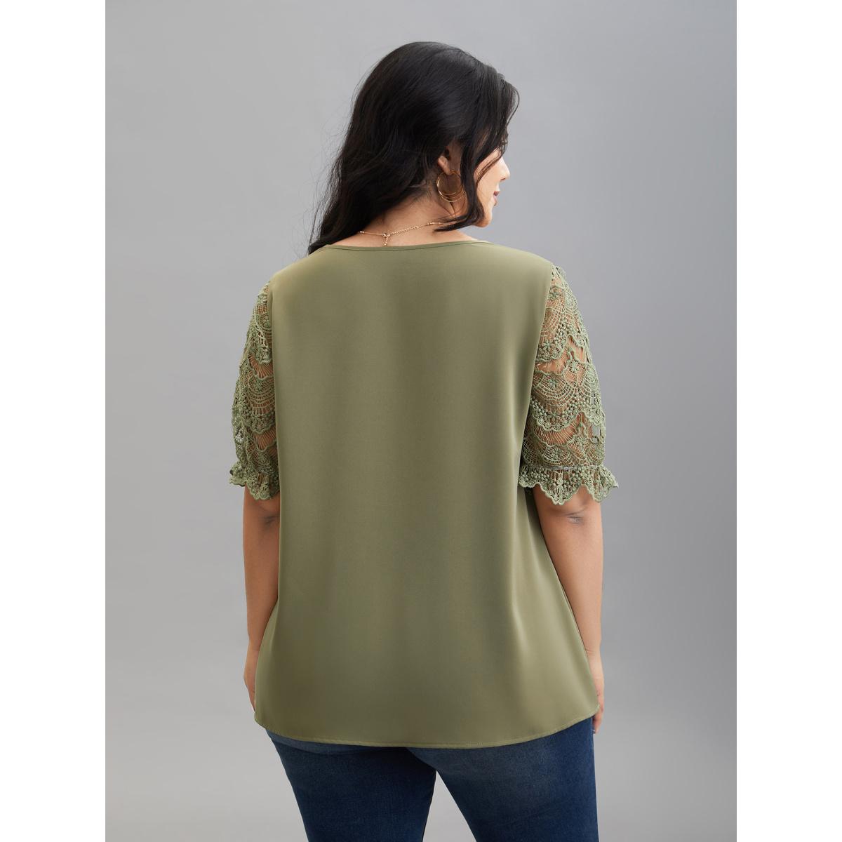 Plus Size Sage Lace Patchwork Scalloped Neck Front-Placket Blouse Women Elegant Half Sleeve V-neck Everyday Blouses BloomChic 12/L Product Image