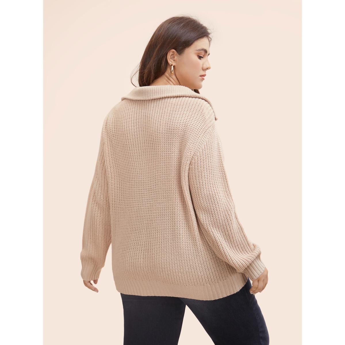 Plus Size Lapel Collar Half Zip Cable Knit Pullover Apricot Women Casual Long Sleeve Lapel Collar Everyday Pullovers BloomChic 26/4X Product Image