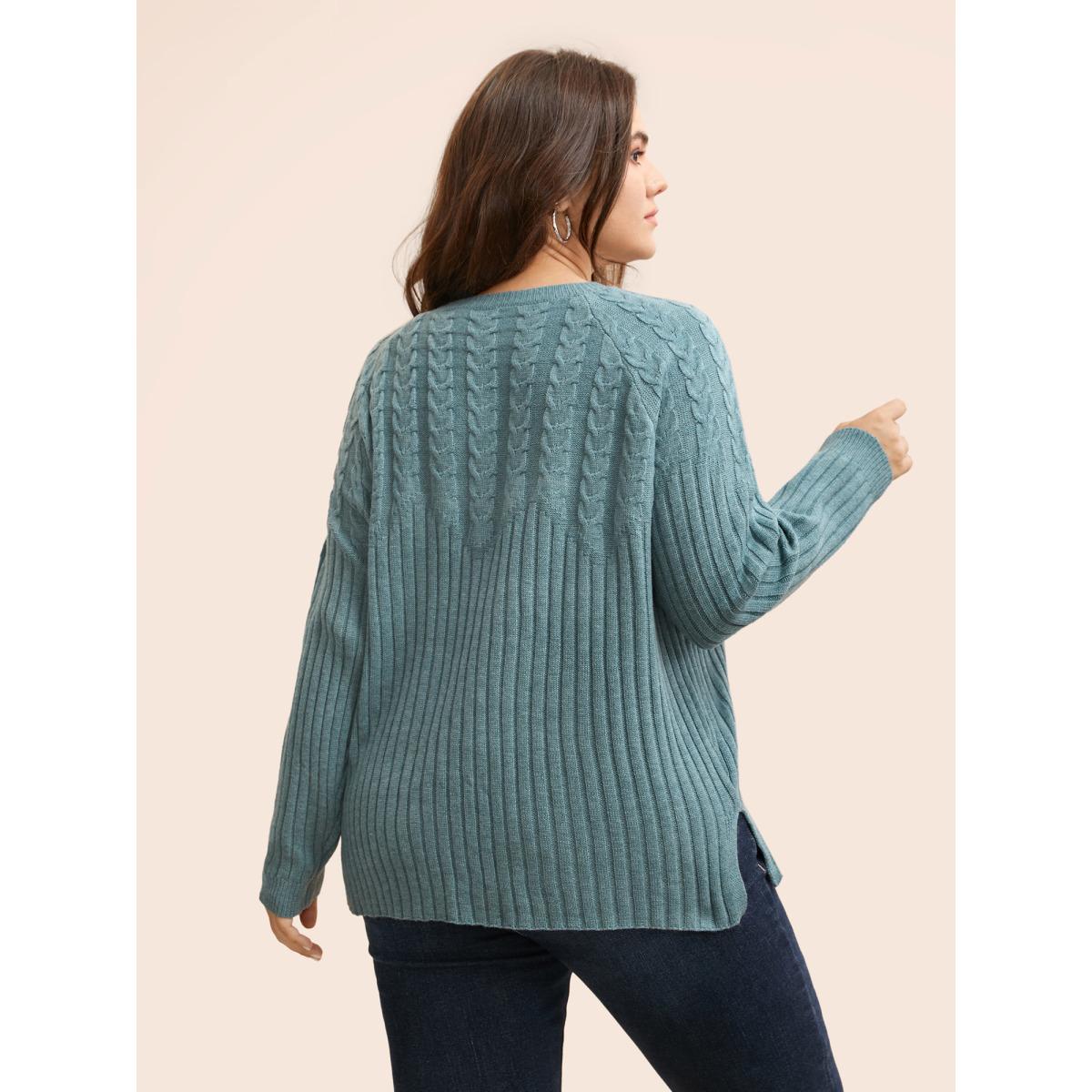 Plus Size Solid Cable Knit Raglan Sleeve Pullover SlateGray Women Casual Long Sleeve Round Neck Everyday Pullovers BloomChic 14-16/1X Product Image