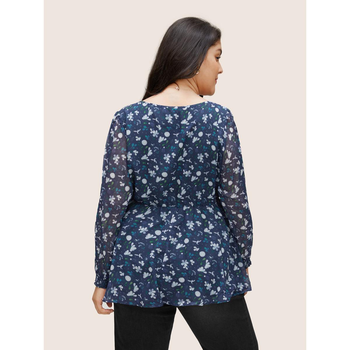 Plus Size Indigo Floral Wrap Elastic Waist Mesh Patchwork Blouse Women Elegant Long Sleeve V-neck Party Blouses BloomChic 22-24/3X Product Image
