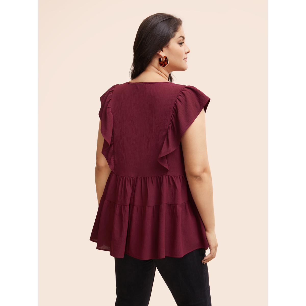 Plus Size Burgundy Solid Layered Hem Ruffle Cap Sleeve Blouse Women Elegant Cap Sleeve V-neck Everyday Blouses BloomChic 14-16/1X Product Image