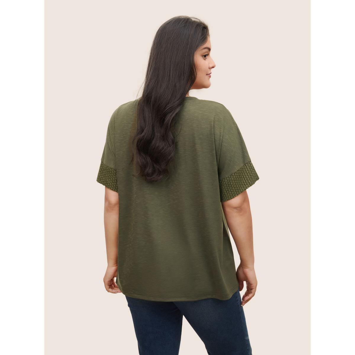 Plus Size Solid Lace Insert Batwing Sleeve T-shirt ArmyGreen Women Casual Texture Plain Round Neck Everyday T-shirts BloomChic 10/M Product Image