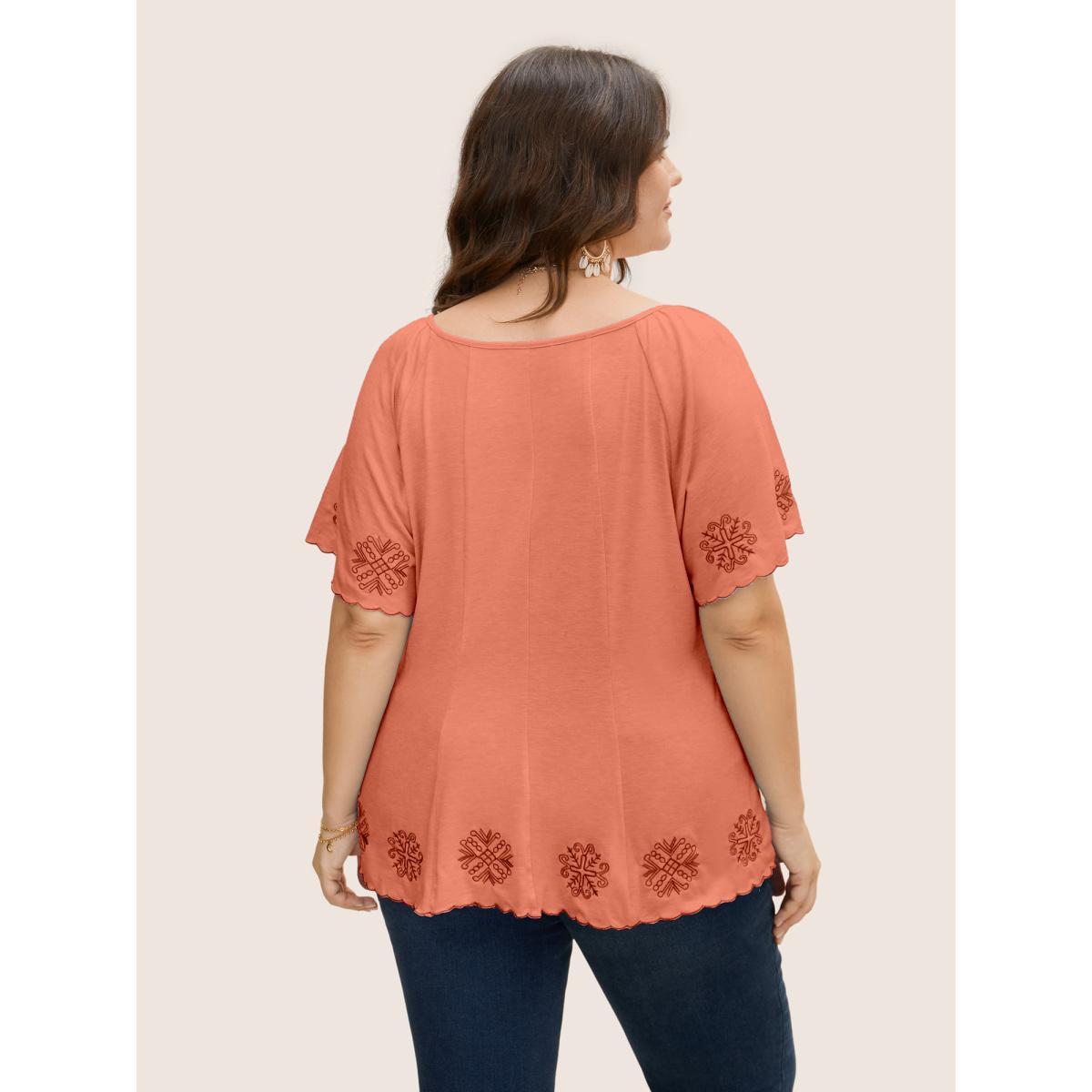 Plus Size Bandana Floral Embroidered Ruffle Sleeve T-shirt Salmon Women Resort Embroidered Heart neckline Vacation T-shirts BloomChic 28/5X Product Image