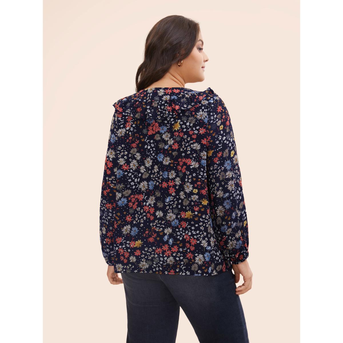 Plus Size Indigo Chiffon Floral Tie Knot Ruffle Trim Blouse Women Elegant Long Sleeve V-neck Everyday Blouses BloomChic 18-20/2X Product Image