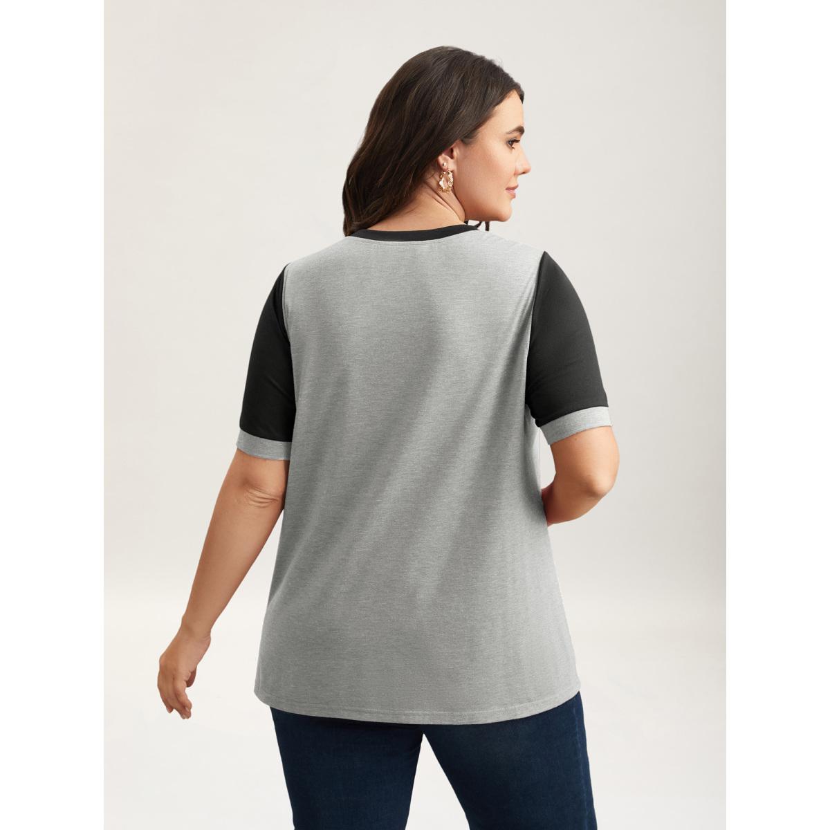 Plus Size Stretchy Scalloped Lace Color Contrast T-Shirt LightGray Women Timeless Contrast Round Neck Elegant T-shirts BloomChic 14-16/1X Product Image