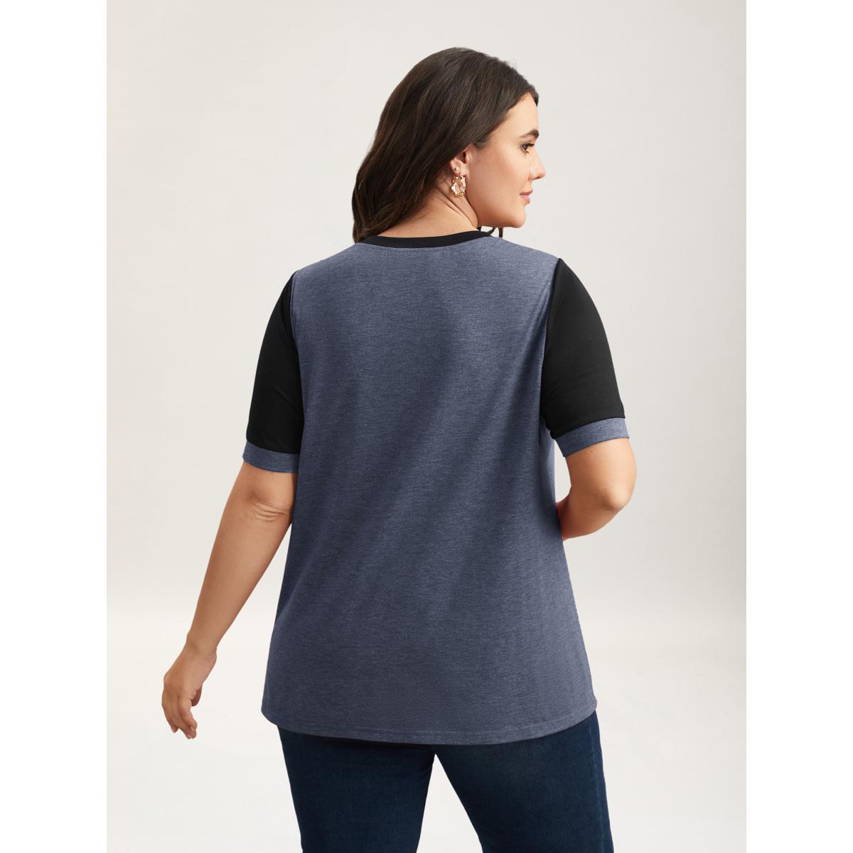 Plus Size Stretchy Scalloped Lace Color Contrast T-Shirt DarkSlateGray Women Timeless Contrast Round Neck Elegant T-shirts BloomChic 12/L Product Image