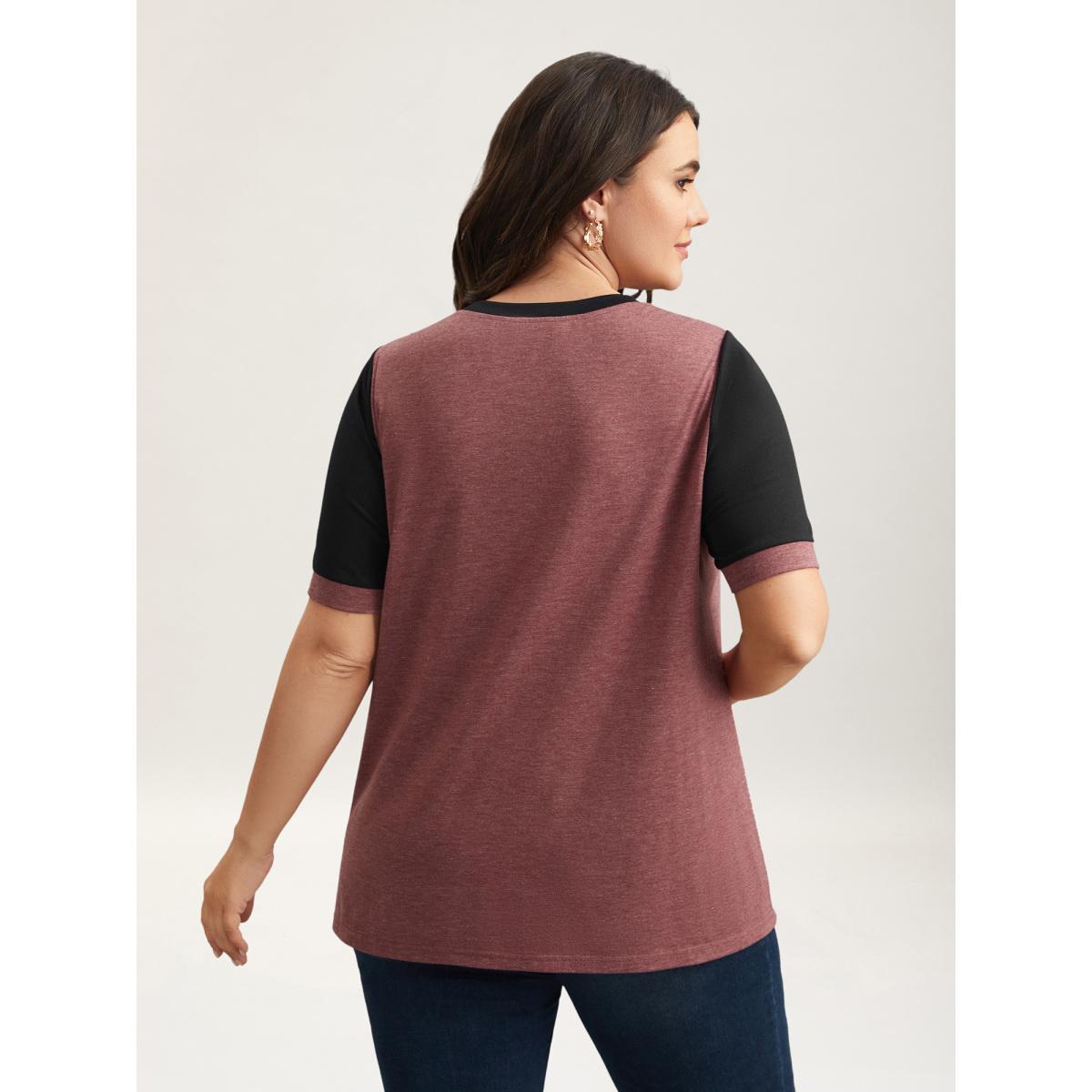 Plus Size Stretchy Scalloped Lace Color Contrast T-Shirt Russet Women Timeless Contrast Round Neck Elegant T-shirts BloomChic 10/M Product Image