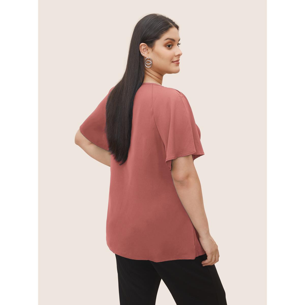 Plus Size Mint Plain Keyhole Knotted Front Ruffle Sleeve Blouse Women Work From Home Short sleeve Round Neck Work Blouses BloomChic 18-20/2X Product Image