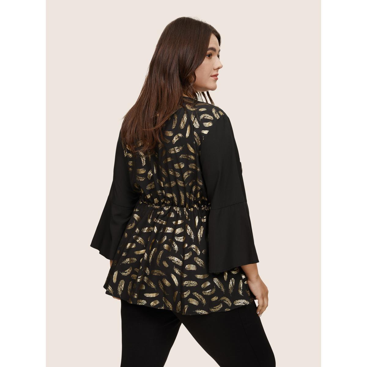 Plus Size Black Feather Glitter Patchwork Bell Sleeve Blouse Women Glamour Elbow-length sleeve Round Neck Party Blouses BloomChic 26/4X Product Image