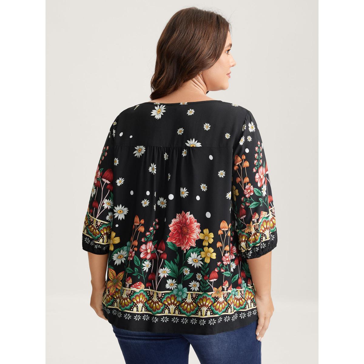 Plus Size Black Colorful Floral Pleated Tassel Blouse Women Elbow-length sleeve Flat collar with V-notch Everyday-Elegant Blouses BloomChic 28/5X Product Image
