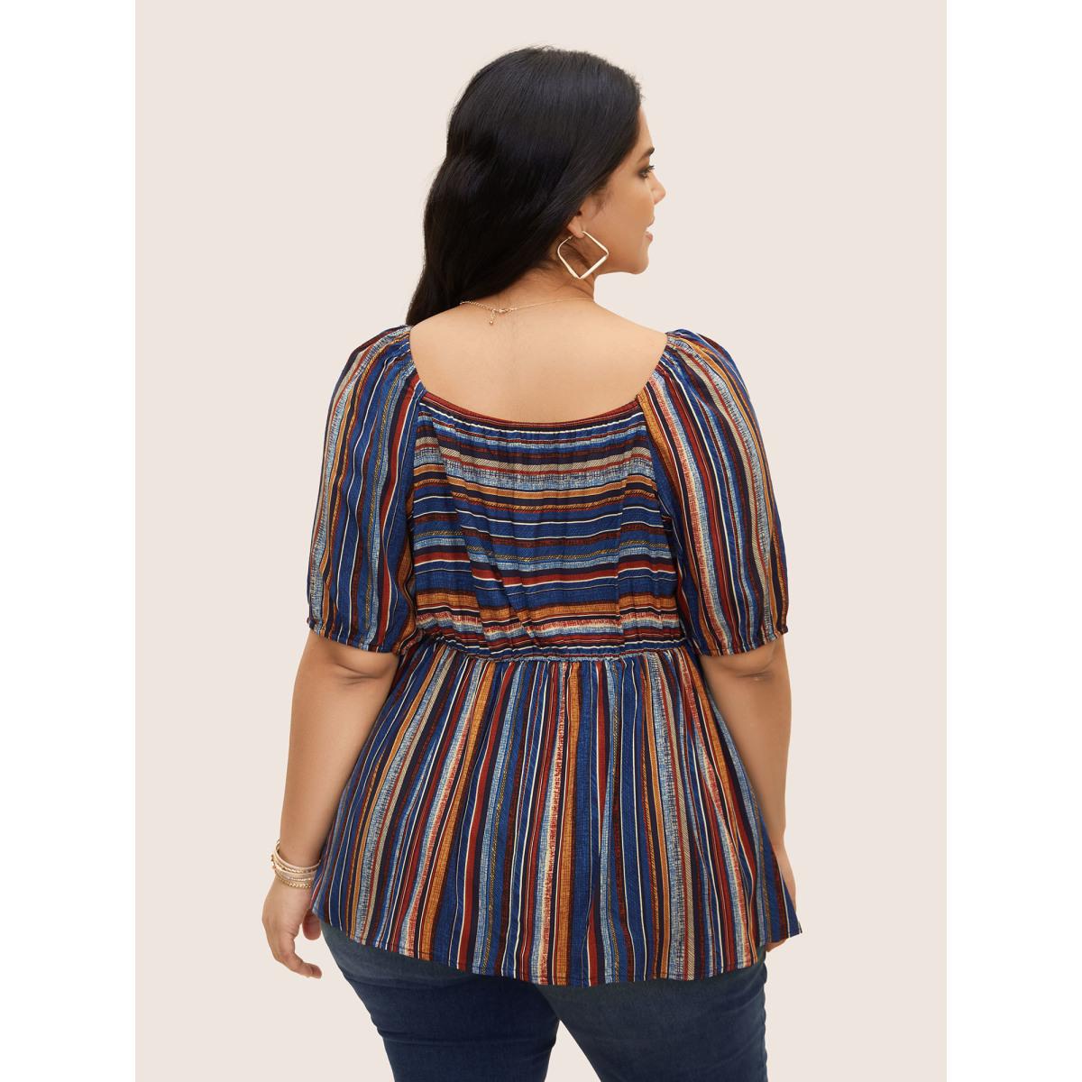 Plus Size Mediumblue Striped Heart Neckline Lantern Sleeve Blouse Women Elegant Short sleeve Heart neckline Everyday Blouses BloomChic 10/M Product Image