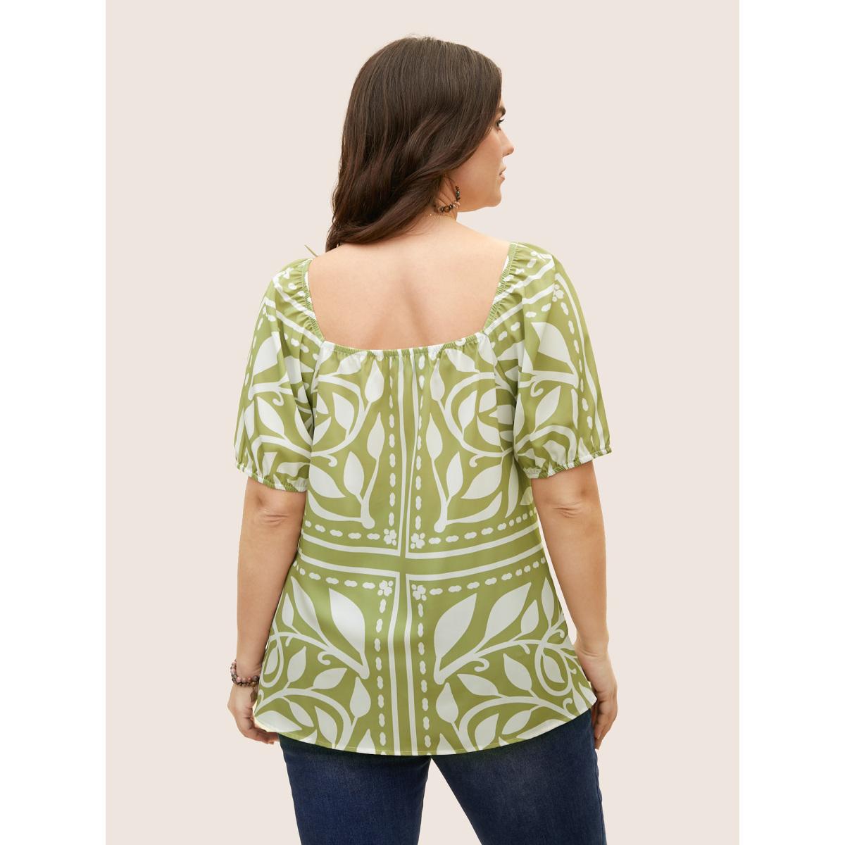 Plus Size Sage Heart Neckline Boho Print Drawstring Gathered Blouse Women Resort Short sleeve Heart neckline Vacation Blouses BloomChic 12/L Product Image