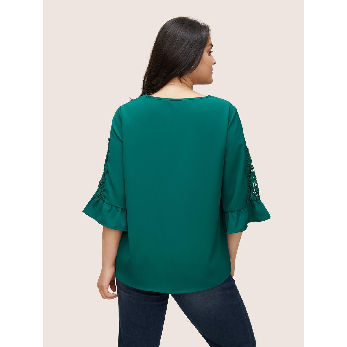 Plus Size Emerald Solid Guipure Lace Patchwork Ruffles Blouse Women Elegant Elbow-length sleeve V-neck Everyday Blouses BloomChic 18-20/2X Product Image