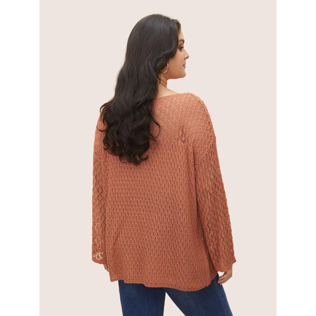 Plus Size Texture Plain Cut Out Pullover Coral Women Casual Long Sleeve Round Neck Everyday Pullovers BloomChic 10/M Product Image