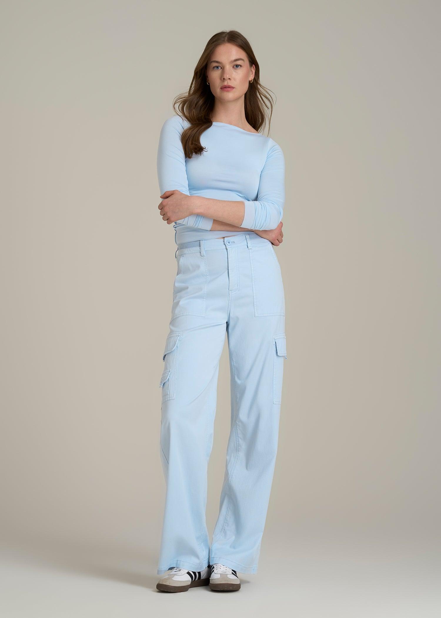 Garment Dyed Wide Leg Cargo Pants for Tall Women in Ice Blue Female Product Image