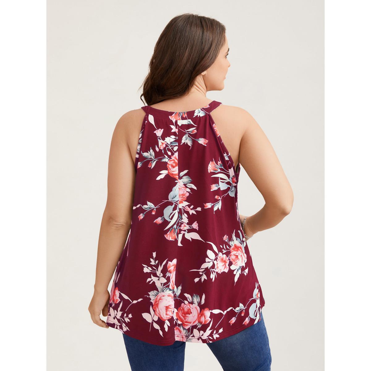 Plus Size Rosy Print Halter Neck Top Women Indigo Romantic Contrast Round Neck Elegant Tank Tops Camis BloomChic 30/6X Product Image