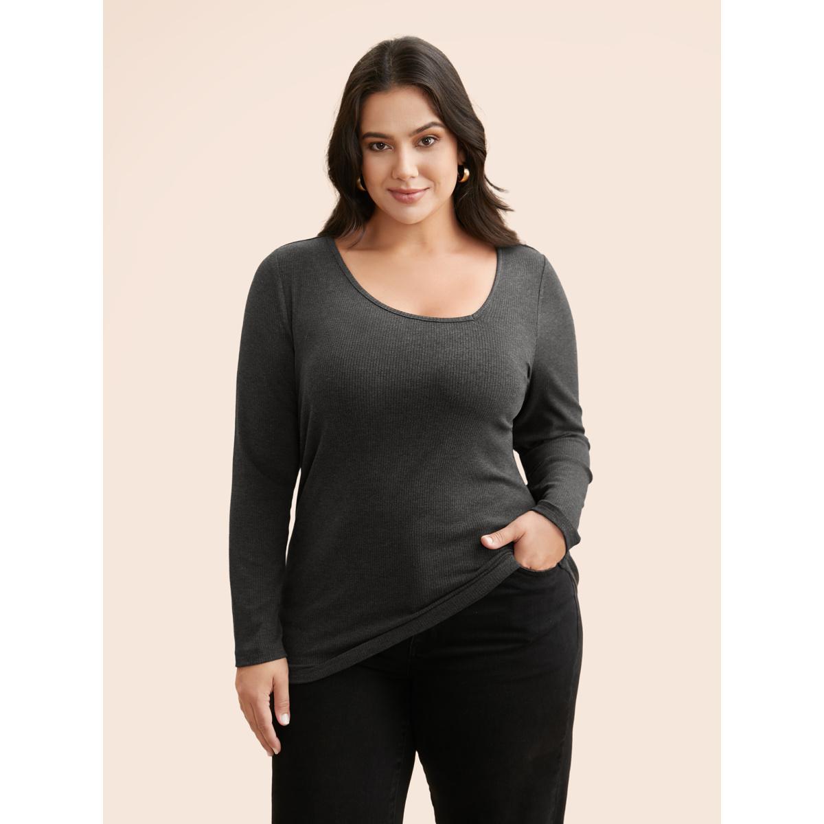 Plus Size Airy Cozy Asymmetrical Neckline T-shirt DimGray Women Casual Texture Asymmetrical Neck Bodycon Everyday T-shirts BloomChic 22-24/3X Product Image